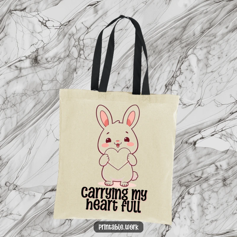 Funny Kawaii rabbit character cutting a heart shape on a tote bag, ideal for carrying gifts and essentials.