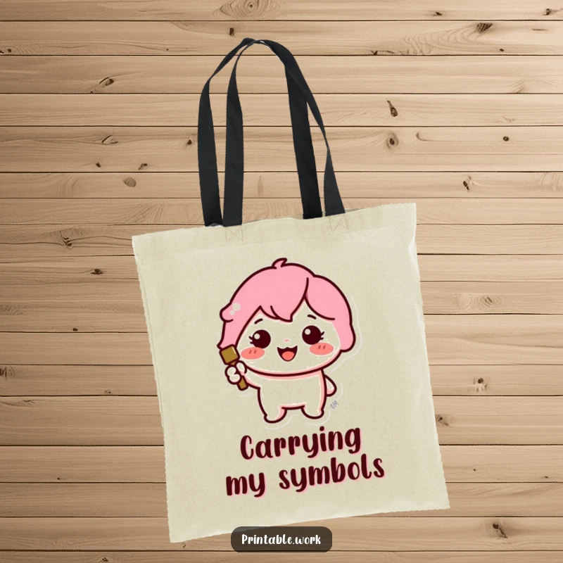 Funny tote bag with a cute Kawaii character joyfully stamping a large, colorful icon.
