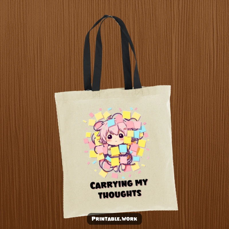 Funny tote bag with a character humorously entangled in a large quantity of sticky notes, ideal for carrying plans.