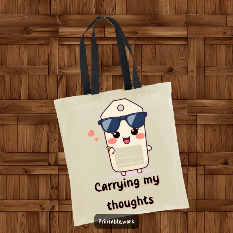 Funny Paper Tag Tote Bag: A paper tag character makes a happy sigh while giving a small pencil, a funny and useful accessory.
