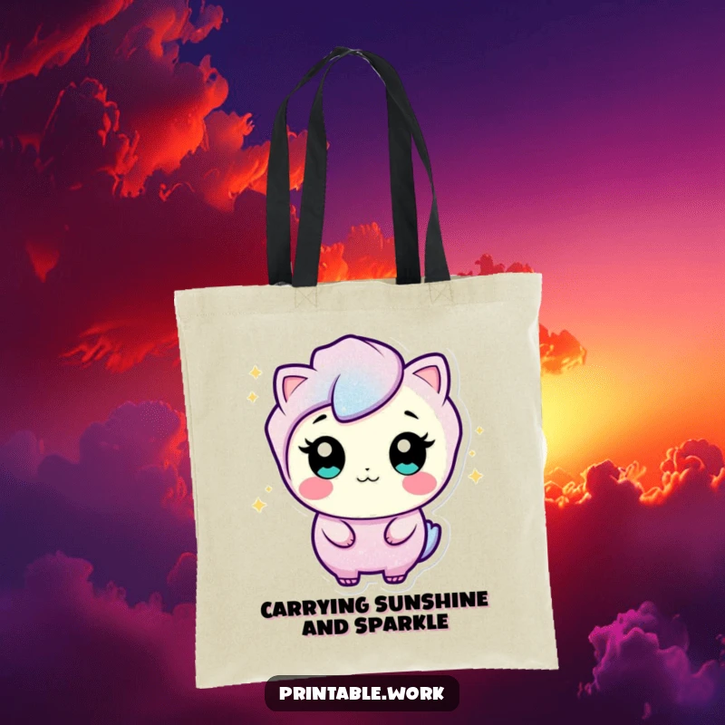Funny tote bag showcasing a curious glitter character, adding sparkle and playful wiggles to your everyday errands.