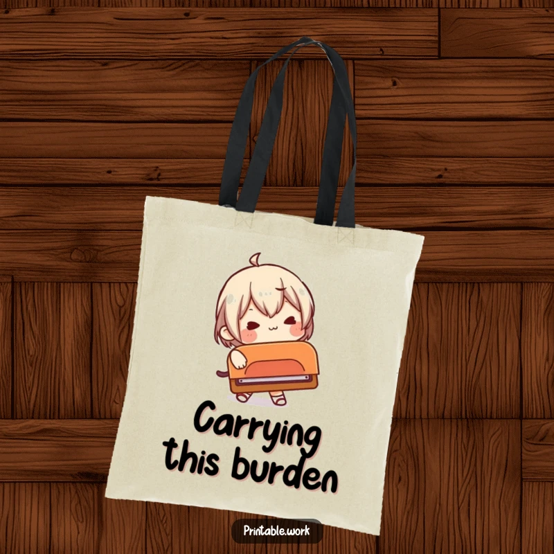 Funny tote bag featuring a character comically attempting to use a ridiculously large hole punch, perfect for errands.