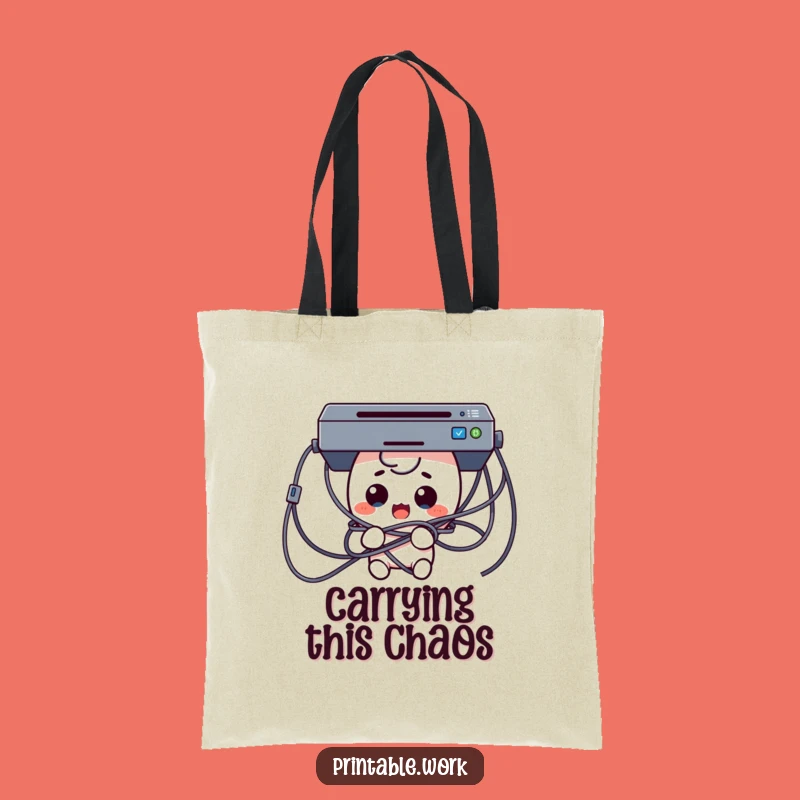 Funny Tech Trouble Tote Bag: Surprised Kawaii Character in Cables Gift