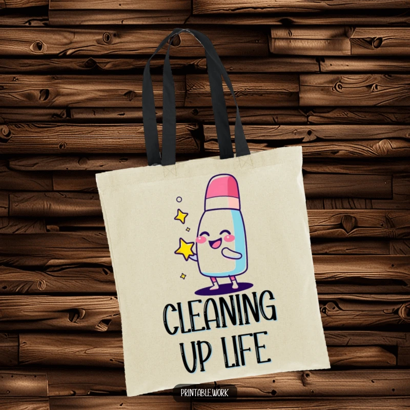Funny giggling eraser character tote bag, polishing a sparkling star, perfect for carrying essentials with neatness and cheer.