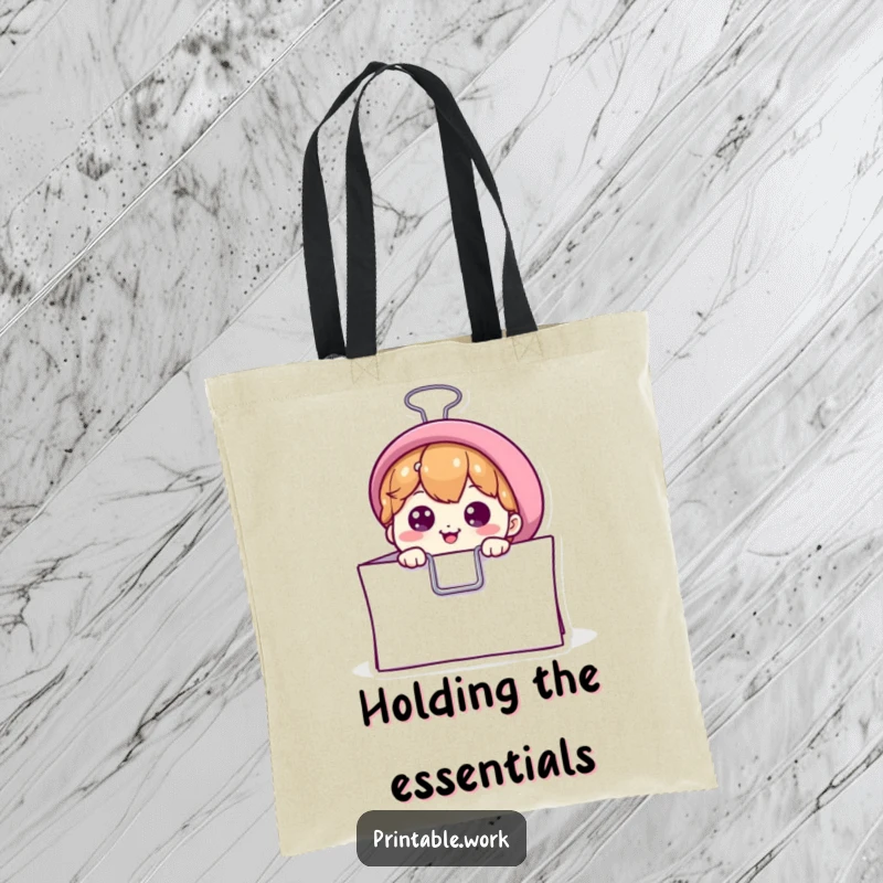 Funny tote bag showcasing a curious binder clip peeking from paper, ideal for office humor and a practical, funny gift.