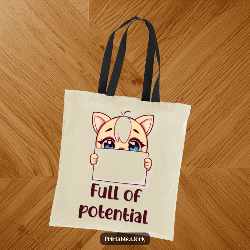 Funny tote bag featuring a curious character with wide, excited eyes looking at a blank page, ideal for carrying inspiration.