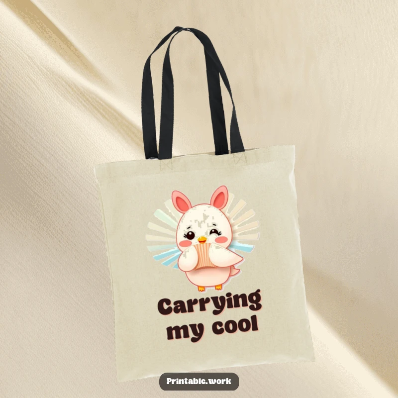 Funny tote bag design with a rosy-cheeked paper fan character fluttering playfully, perfect for carrying items with a humorous and supportive theme.