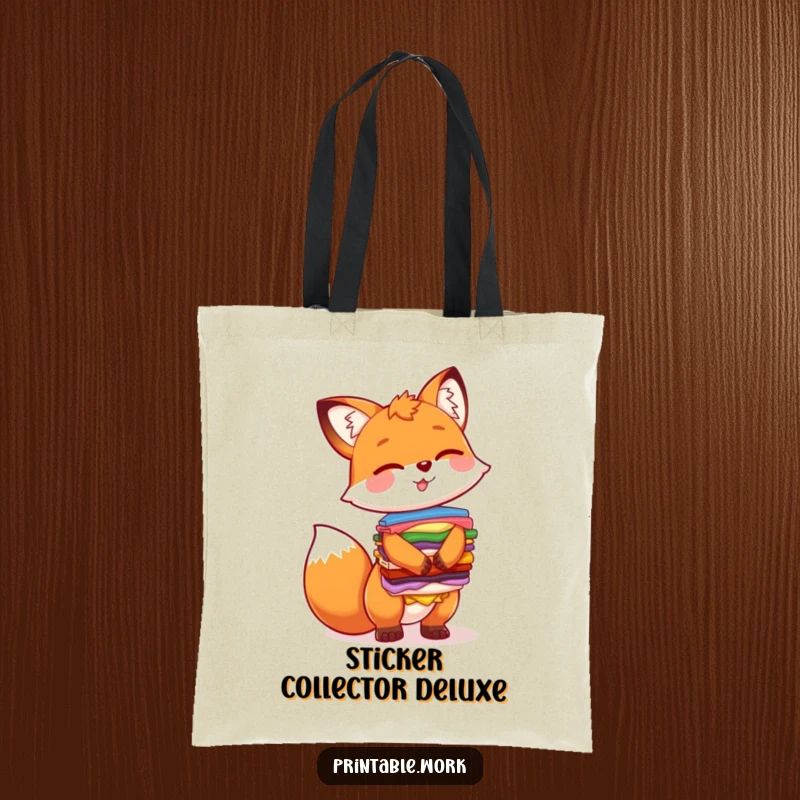 Funny tote bag illustration of a joyful fox character balancing a large pile of assorted stickers, ready for errands or adventures.