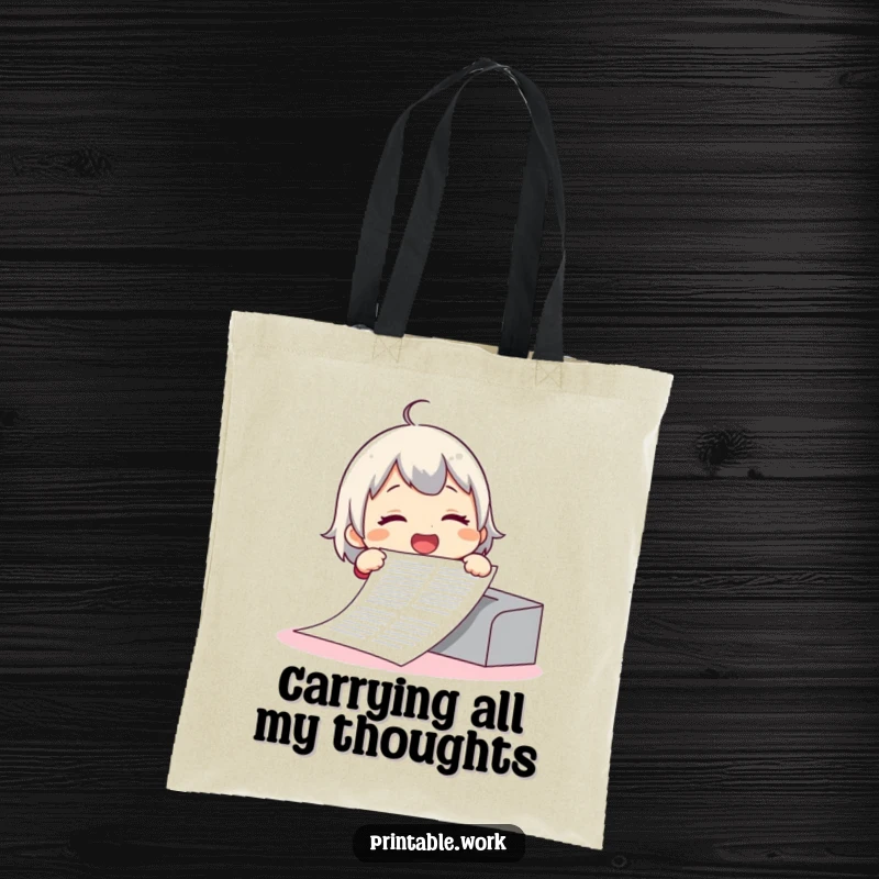 Funny tote bag showing a giggling character casually printing an absurdly long document, a humorous and practical accessory.