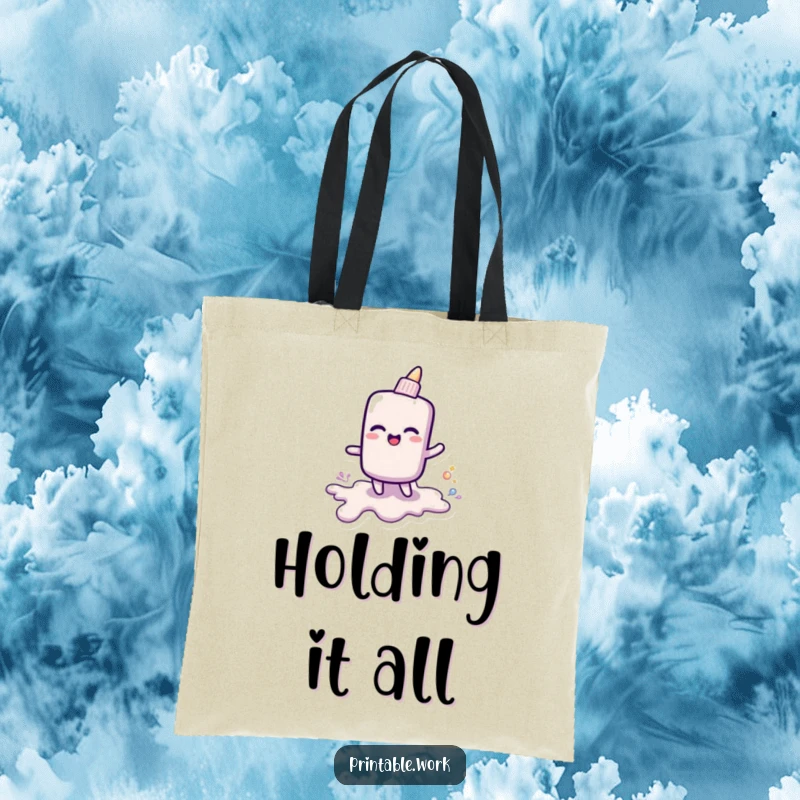 Funny tote bag with a cheerful glue stick leaving a shiny goo trail, ideal for carrying supplies with a creative touch.