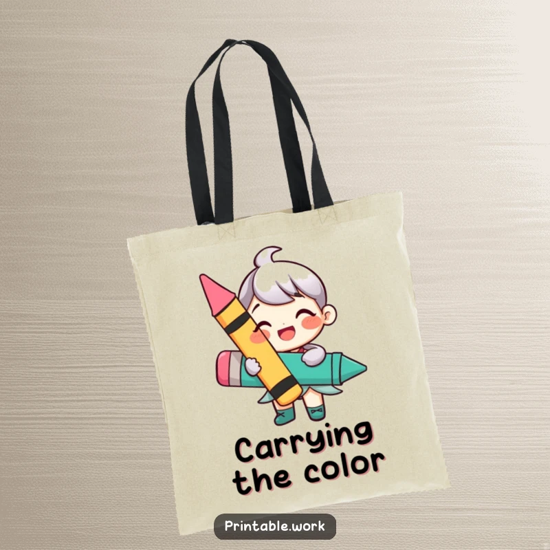 Funny tote bag featuring a smiling character holding a big, vibrant crayon, perfect for carrying art supplies or daily essentials.