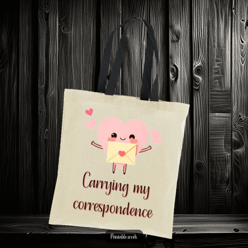 Funny Tote Bag printed with a paper heart character, arms outstretched to hug a tiny envelope. A charming and functional accessory.