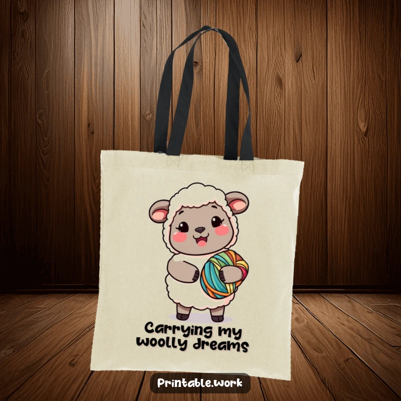 Funny Kawaii Sheep Yarn Tote Bag with a joyful sheep holding a big bundle of colorful yarn, great for carrying supplies and a funny gift.