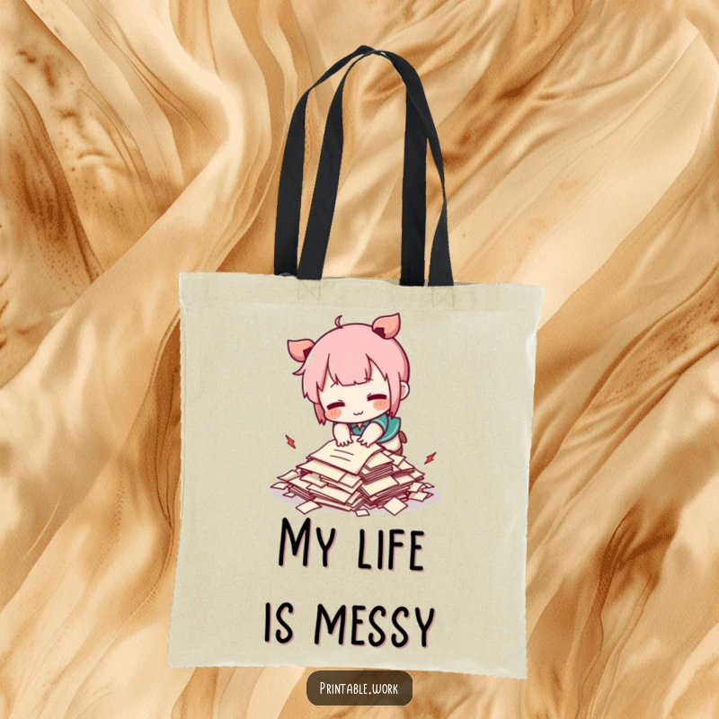 Funny Kawaii character comically tripping over a tiny pile of papers on a tote bag, a cute and humorous accessory.