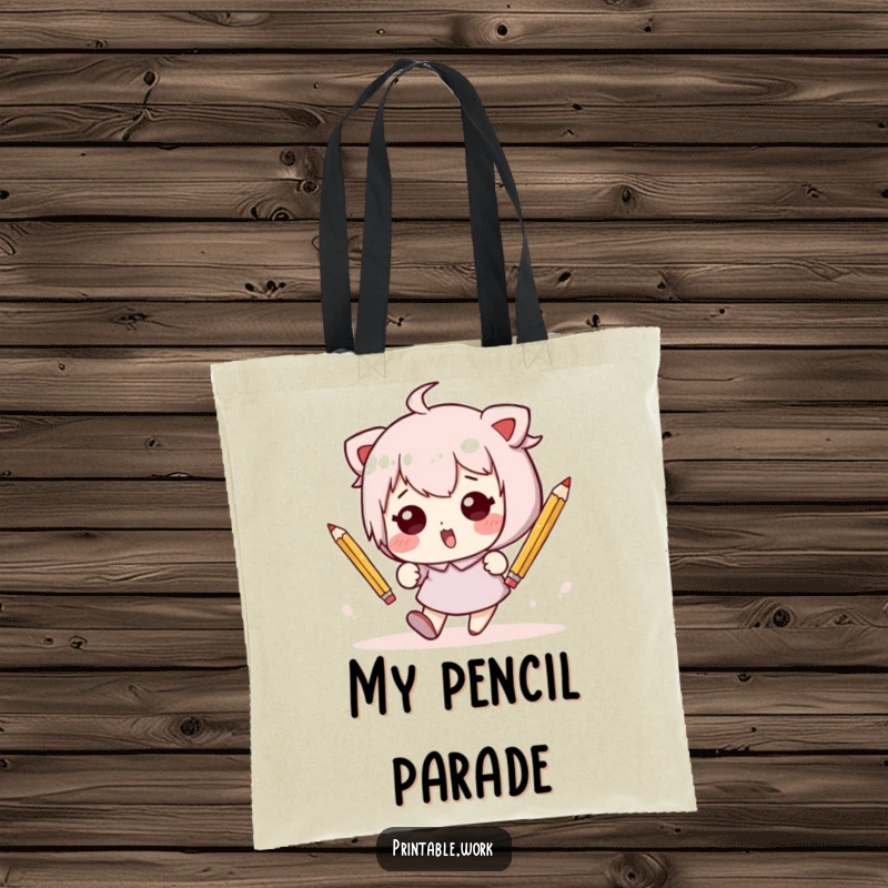 Funny Kawaii character hilariously tumbling with pencils on a durable tote bag, perfect for carrying supplies with humor.
