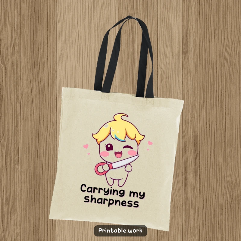 Funny Kawaii character winking playfully while holding scissors on a durable tote bag, perfect for carrying supplies with flair.