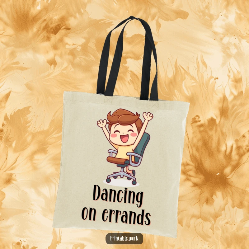 Funny tote bag featuring a character joyfully dancing and spinning in an office chair, a humorous accessory for daily use.
