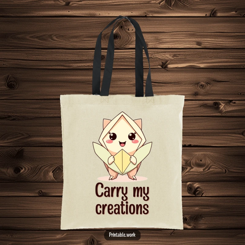 Funny tote bag with a character offering origami, perfect for carrying art supplies with artistic humor.