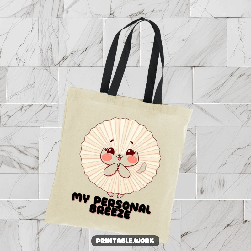 Funny Paper Fan Tote Bag: A paper fan character with rosy cheeks flutters playfully, a cute and funny accessory for daily use.