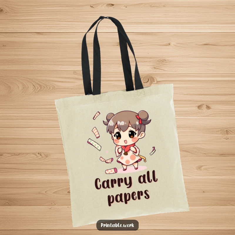 Funny tote bag featuring a character juggling paper rolls, a humorous design for artists and crafters.