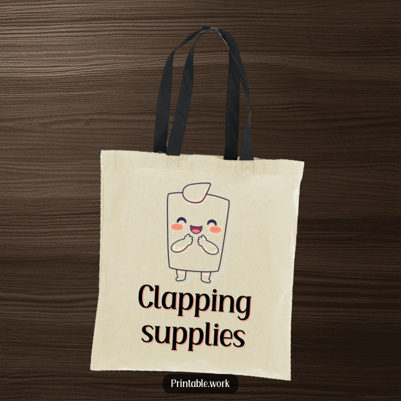 Funny tote bag: Happy paper character joyfully clapping with tiny hands, practical and humorous accessory.