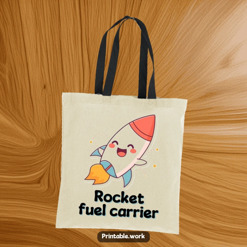 Funny tote bag with a giggling paper rocket character with flames blasting off, practical for everyday use.