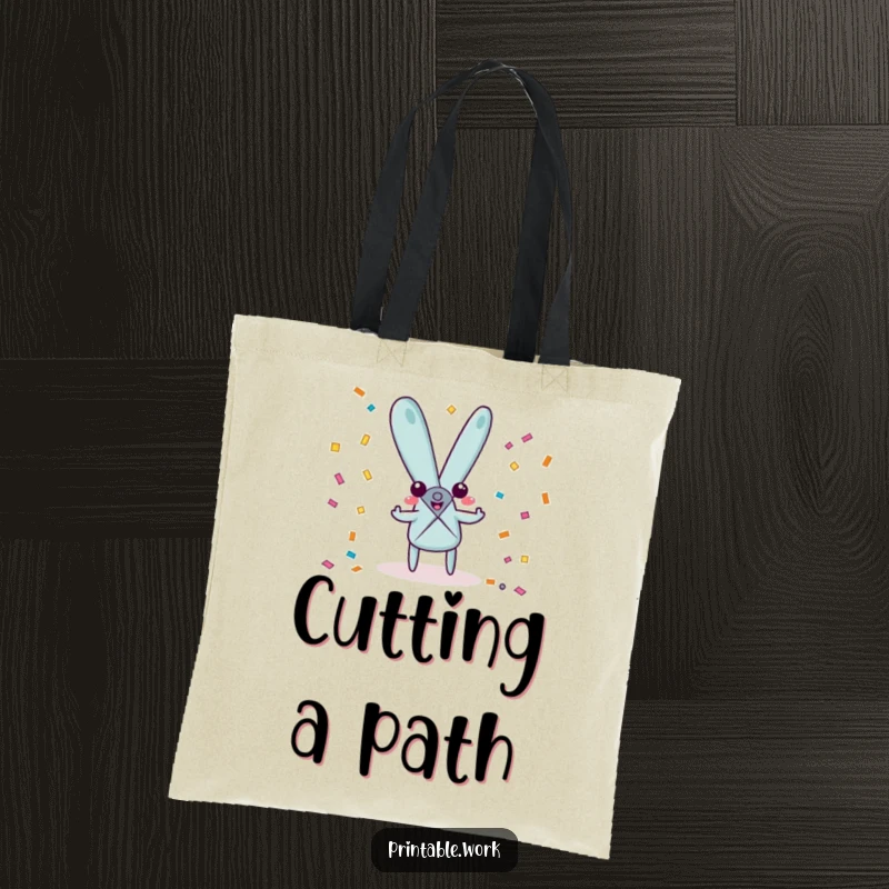 Funny playful scissors character tote bag, cheerfully snipping confetti, perfect for carrying craft supplies and party essentials.