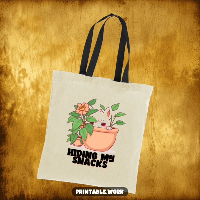 Funny hidden plant tote bag with a mischievous character hiding behind a potted plant, a humorous and practical accessory for carrying your secrets.