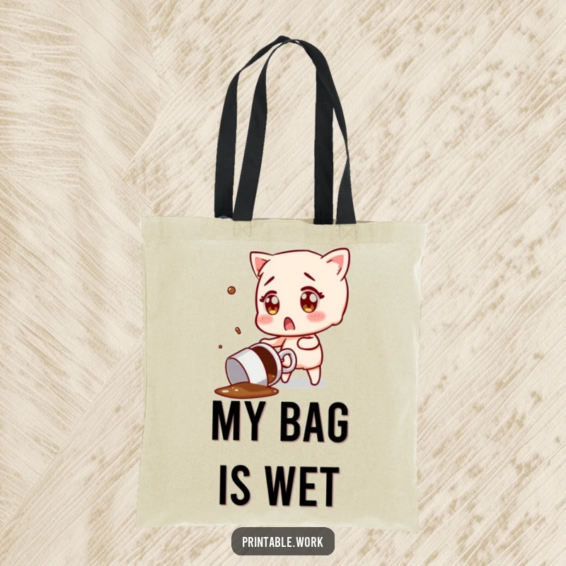 Funny tote bag featuring a character with surprised eyes trying to catch a flying, spilled coffee mug, a humorous morning scene.