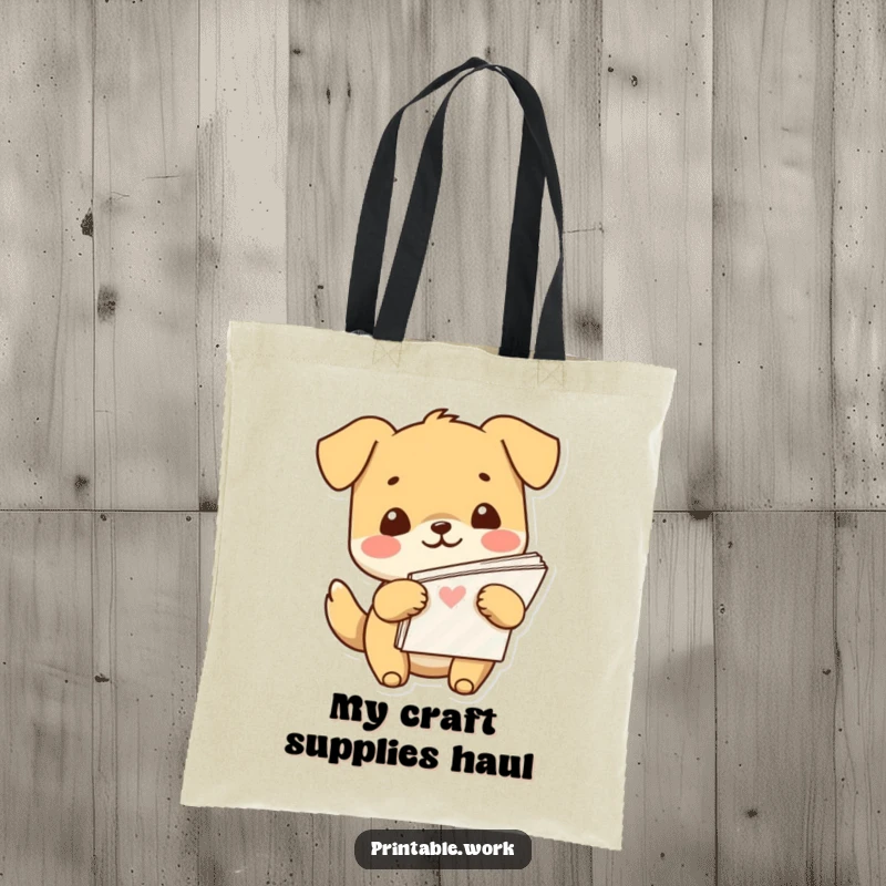 Funny Kawaii dog character holding a stack of patterned paper on a sturdy tote bag, ideal for craft supplies.