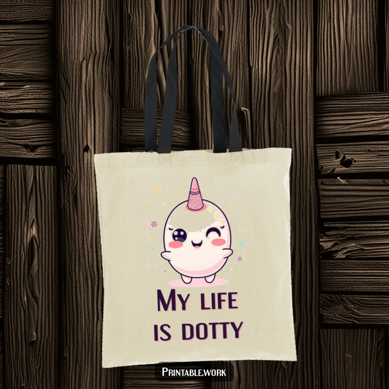 Funny tote bag with a happy glitter glue character dispensing shimmering dots, perfect for carrying art supplies.