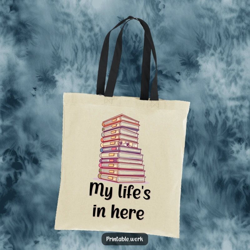 Funny tote bag with a character peeking over a mountain of files, ideal for carrying books or groceries with a comedic office vibe.