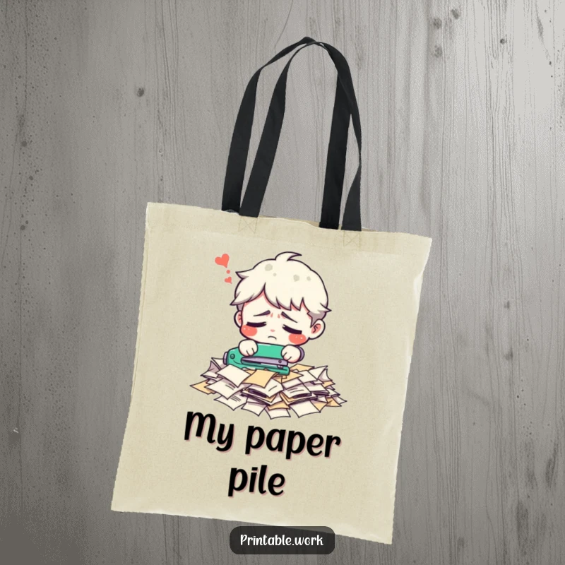 Funny office character tote bag, confused trying to staple a pile of loose papers, office humor, practical, humorous accessory, gift.