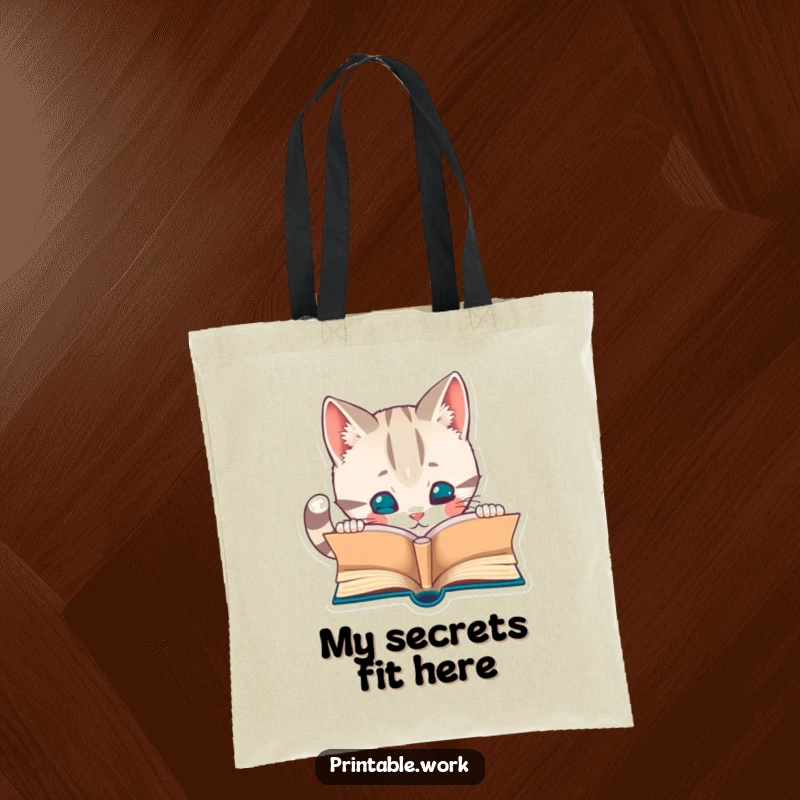 Funny tote bag featuring a curious cat character engrossed in a miniature book. Ideal for carrying books and essentials in style.
