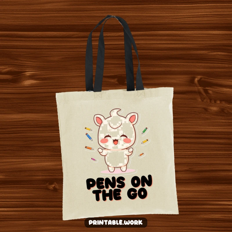 Funny Tote Bag: A giggling Kawaii character juggles tiny colorful pens, showcasing artistic flair and fun.