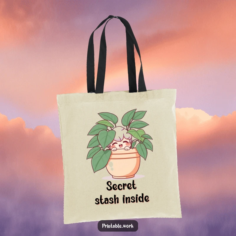 Funny tote bag with a character peeking from behind a potted plant, offering a conspiratorial wink.