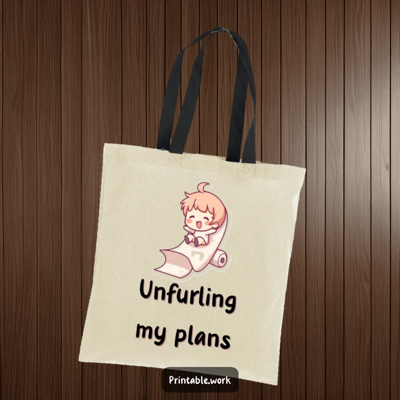 Funny Tote Bag: Character slides down a paper roll, a comical scene of playful office ingenuity and sheer joy.